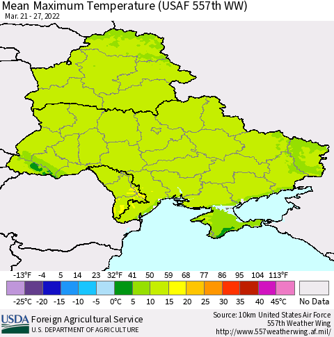 Ukraine, Moldova and Belarus Mean Maximum Temperature (USAF 557th WW) Thematic Map For 3/21/2022 - 3/27/2022
