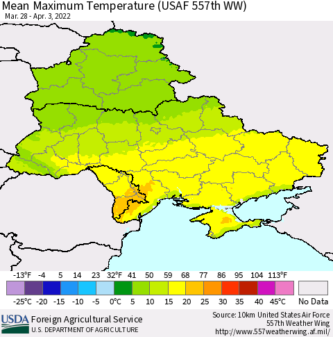 Ukraine, Moldova and Belarus Mean Maximum Temperature (USAF 557th WW) Thematic Map For 3/28/2022 - 4/3/2022