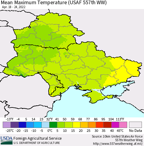 Ukraine, Moldova and Belarus Mean Maximum Temperature (USAF 557th WW) Thematic Map For 4/18/2022 - 4/24/2022