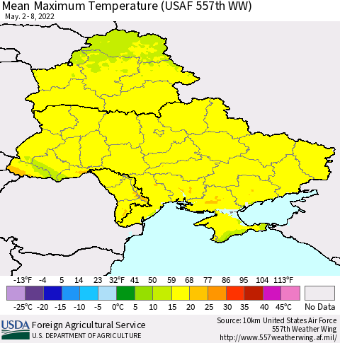 Ukraine, Moldova and Belarus Mean Maximum Temperature (USAF 557th WW) Thematic Map For 5/2/2022 - 5/8/2022