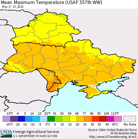 Ukraine, Moldova and Belarus Mean Maximum Temperature (USAF 557th WW) Thematic Map For 5/9/2022 - 5/15/2022