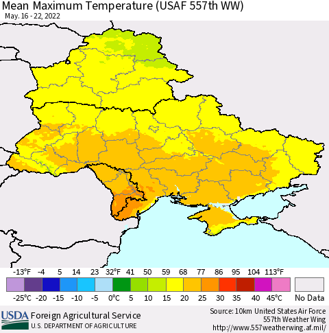 Ukraine, Moldova and Belarus Mean Maximum Temperature (USAF 557th WW) Thematic Map For 5/16/2022 - 5/22/2022