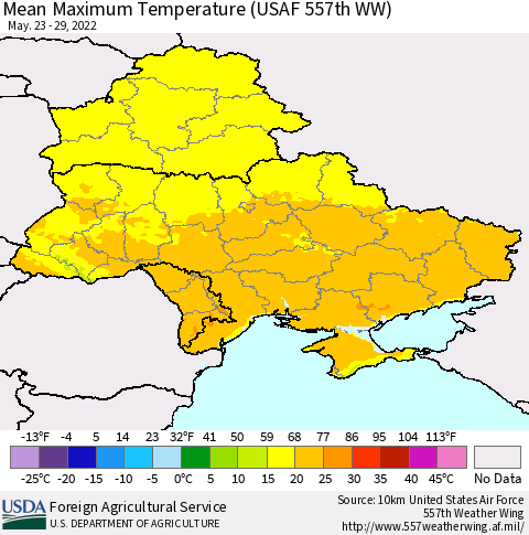 Ukraine, Moldova and Belarus Mean Maximum Temperature (USAF 557th WW) Thematic Map For 5/23/2022 - 5/29/2022