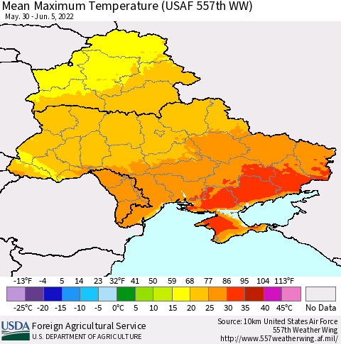 Ukraine, Moldova and Belarus Mean Maximum Temperature (USAF 557th WW) Thematic Map For 5/30/2022 - 6/5/2022