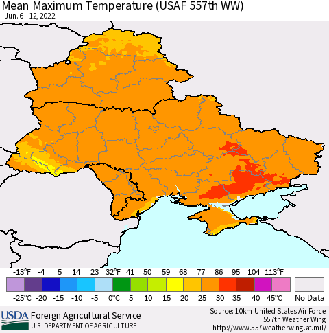 Ukraine, Moldova and Belarus Mean Maximum Temperature (USAF 557th WW) Thematic Map For 6/6/2022 - 6/12/2022