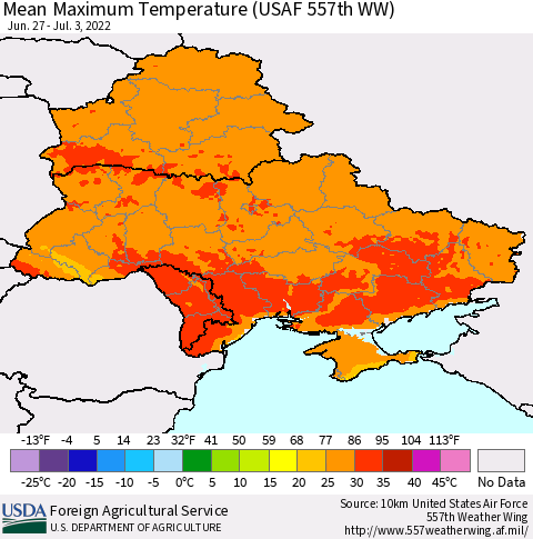 Ukraine, Moldova and Belarus Mean Maximum Temperature (USAF 557th WW) Thematic Map For 6/27/2022 - 7/3/2022