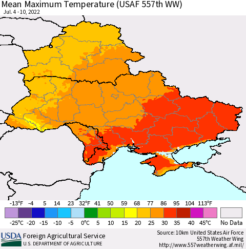 Ukraine, Moldova and Belarus Mean Maximum Temperature (USAF 557th WW) Thematic Map For 7/4/2022 - 7/10/2022
