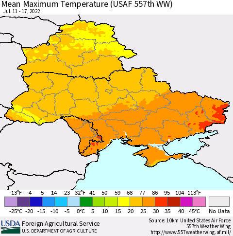 Ukraine, Moldova and Belarus Mean Maximum Temperature (USAF 557th WW) Thematic Map For 7/11/2022 - 7/17/2022
