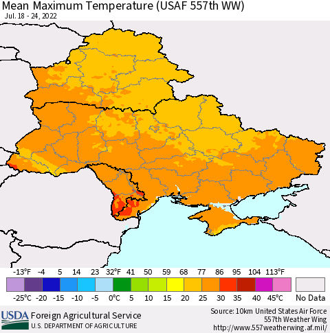 Ukraine, Moldova and Belarus Mean Maximum Temperature (USAF 557th WW) Thematic Map For 7/18/2022 - 7/24/2022