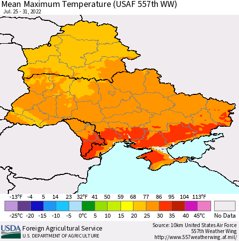 Ukraine, Moldova and Belarus Mean Maximum Temperature (USAF 557th WW) Thematic Map For 7/25/2022 - 7/31/2022