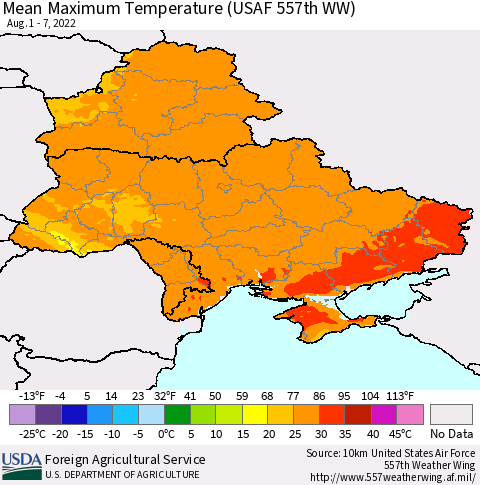 Ukraine, Moldova and Belarus Mean Maximum Temperature (USAF 557th WW) Thematic Map For 8/1/2022 - 8/7/2022