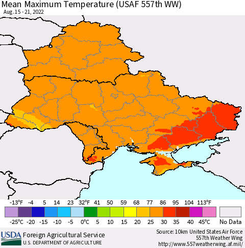 Ukraine, Moldova and Belarus Mean Maximum Temperature (USAF 557th WW) Thematic Map For 8/15/2022 - 8/21/2022