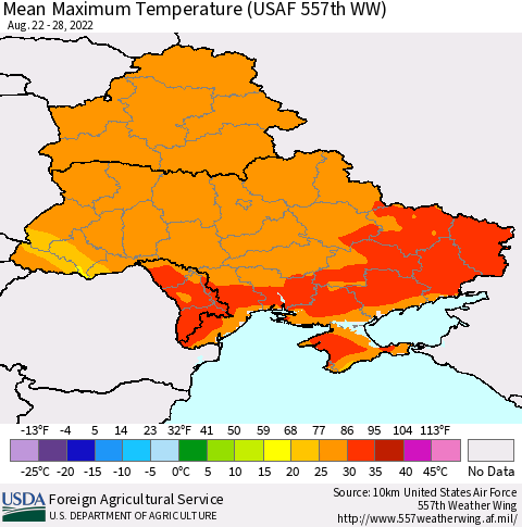 Ukraine, Moldova and Belarus Mean Maximum Temperature (USAF 557th WW) Thematic Map For 8/22/2022 - 8/28/2022