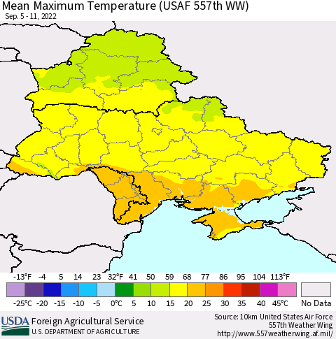Ukraine, Moldova and Belarus Mean Maximum Temperature (USAF 557th WW) Thematic Map For 9/5/2022 - 9/11/2022