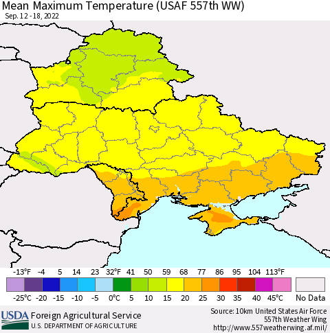 Ukraine, Moldova and Belarus Mean Maximum Temperature (USAF 557th WW) Thematic Map For 9/12/2022 - 9/18/2022