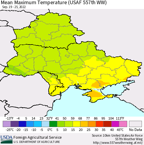 Ukraine, Moldova and Belarus Mean Maximum Temperature (USAF 557th WW) Thematic Map For 9/19/2022 - 9/25/2022