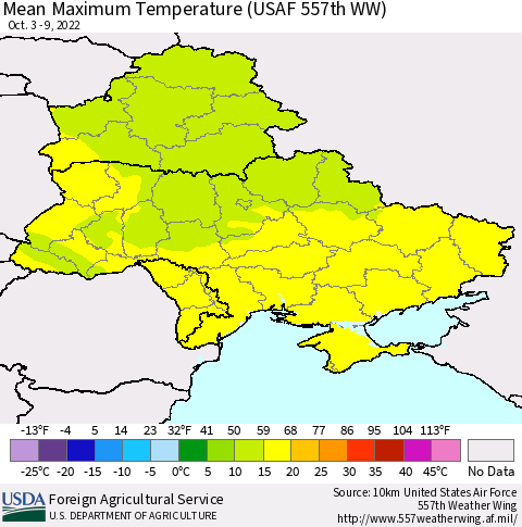 Ukraine, Moldova and Belarus Mean Maximum Temperature (USAF 557th WW) Thematic Map For 10/3/2022 - 10/9/2022