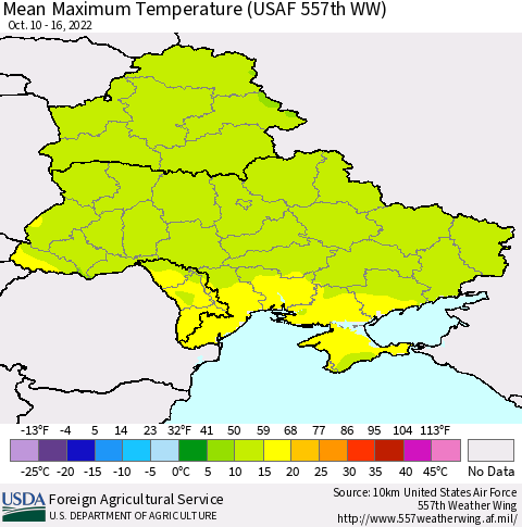 Ukraine, Moldova and Belarus Mean Maximum Temperature (USAF 557th WW) Thematic Map For 10/10/2022 - 10/16/2022