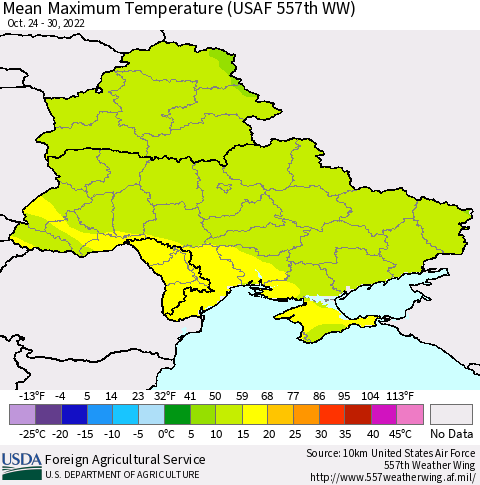 Ukraine, Moldova and Belarus Mean Maximum Temperature (USAF 557th WW) Thematic Map For 10/24/2022 - 10/30/2022