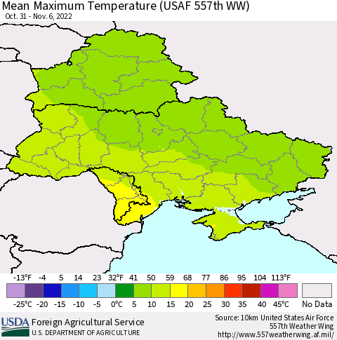 Ukraine, Moldova and Belarus Mean Maximum Temperature (USAF 557th WW) Thematic Map For 10/31/2022 - 11/6/2022
