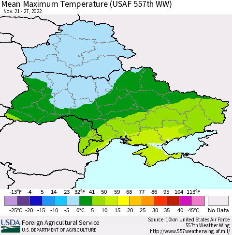 Ukraine, Moldova and Belarus Mean Maximum Temperature (USAF 557th WW) Thematic Map For 11/21/2022 - 11/27/2022
