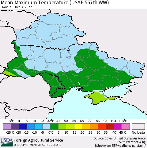 Ukraine, Moldova and Belarus Mean Maximum Temperature (USAF 557th WW) Thematic Map For 11/28/2022 - 12/4/2022