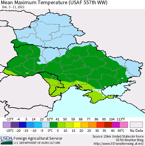 Ukraine, Moldova and Belarus Mean Maximum Temperature (USAF 557th WW) Thematic Map For 12/5/2022 - 12/11/2022