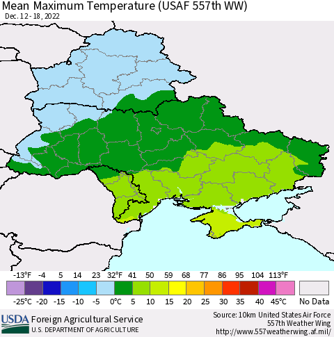 Ukraine, Moldova and Belarus Mean Maximum Temperature (USAF 557th WW) Thematic Map For 12/12/2022 - 12/18/2022