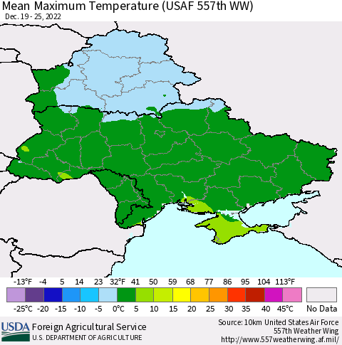 Ukraine, Moldova and Belarus Mean Maximum Temperature (USAF 557th WW) Thematic Map For 12/19/2022 - 12/25/2022