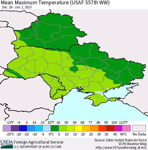 Ukraine, Moldova and Belarus Mean Maximum Temperature (USAF 557th WW) Thematic Map For 12/26/2022 - 1/1/2023