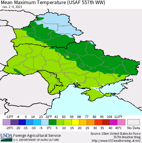 Ukraine, Moldova and Belarus Mean Maximum Temperature (USAF 557th WW) Thematic Map For 1/2/2023 - 1/8/2023