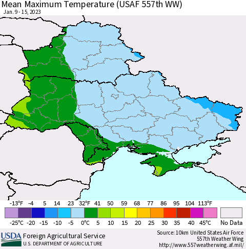 Ukraine, Moldova and Belarus Mean Maximum Temperature (USAF 557th WW) Thematic Map For 1/9/2023 - 1/15/2023