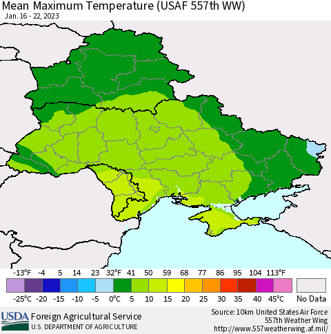 Ukraine, Moldova and Belarus Mean Maximum Temperature (USAF 557th WW) Thematic Map For 1/16/2023 - 1/22/2023