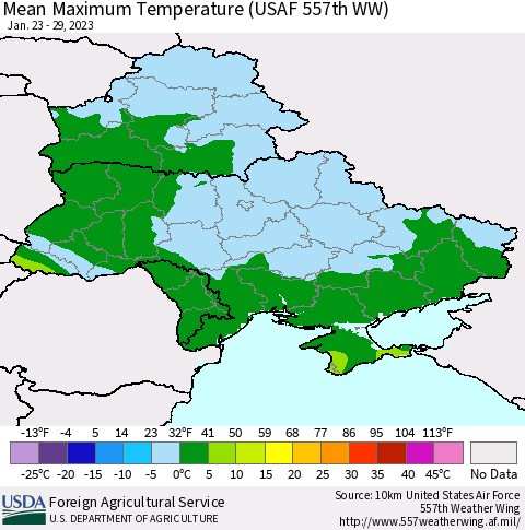 Ukraine, Moldova and Belarus Mean Maximum Temperature (USAF 557th WW) Thematic Map For 1/23/2023 - 1/29/2023