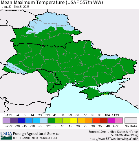 Ukraine, Moldova and Belarus Mean Maximum Temperature (USAF 557th WW) Thematic Map For 1/30/2023 - 2/5/2023