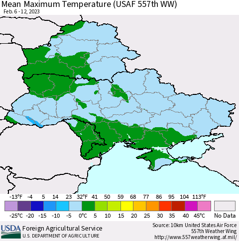 Ukraine, Moldova and Belarus Mean Maximum Temperature (USAF 557th WW) Thematic Map For 2/6/2023 - 2/12/2023