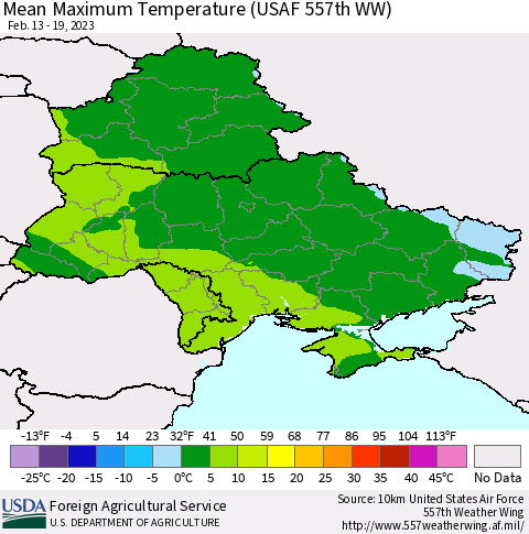 Ukraine, Moldova and Belarus Mean Maximum Temperature (USAF 557th WW) Thematic Map For 2/13/2023 - 2/19/2023