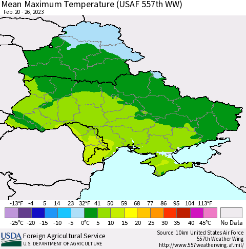 Ukraine, Moldova and Belarus Mean Maximum Temperature (USAF 557th WW) Thematic Map For 2/20/2023 - 2/26/2023