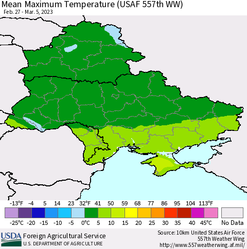 Ukraine, Moldova and Belarus Mean Maximum Temperature (USAF 557th WW) Thematic Map For 2/27/2023 - 3/5/2023
