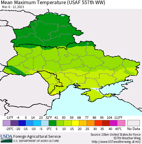 Ukraine, Moldova and Belarus Mean Maximum Temperature (USAF 557th WW) Thematic Map For 3/6/2023 - 3/12/2023