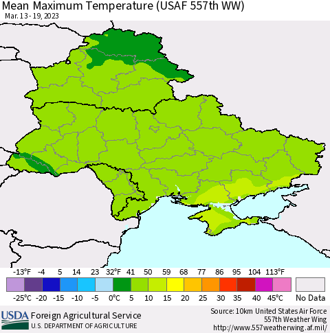 Ukraine, Moldova and Belarus Mean Maximum Temperature (USAF 557th WW) Thematic Map For 3/13/2023 - 3/19/2023