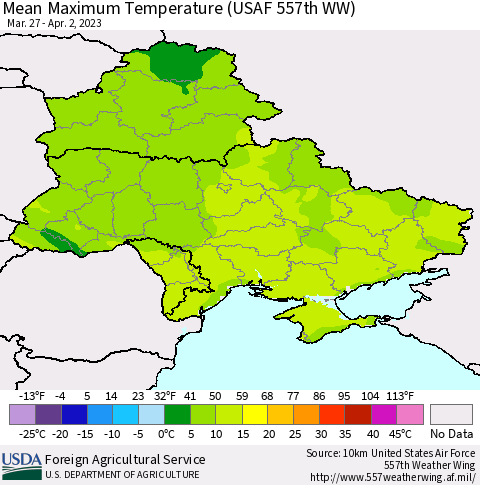 Ukraine, Moldova and Belarus Mean Maximum Temperature (USAF 557th WW) Thematic Map For 3/27/2023 - 4/2/2023