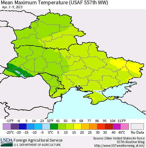 Ukraine, Moldova and Belarus Mean Maximum Temperature (USAF 557th WW) Thematic Map For 4/3/2023 - 4/9/2023