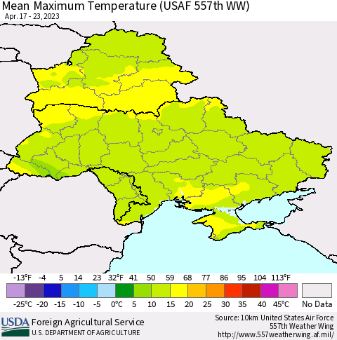 Ukraine, Moldova and Belarus Mean Maximum Temperature (USAF 557th WW) Thematic Map For 4/17/2023 - 4/23/2023
