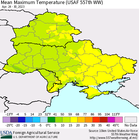 Ukraine, Moldova and Belarus Mean Maximum Temperature (USAF 557th WW) Thematic Map For 4/24/2023 - 4/30/2023