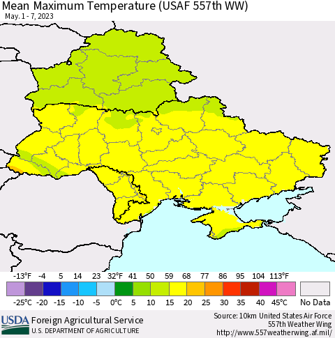 Ukraine, Moldova and Belarus Mean Maximum Temperature (USAF 557th WW) Thematic Map For 5/1/2023 - 5/7/2023