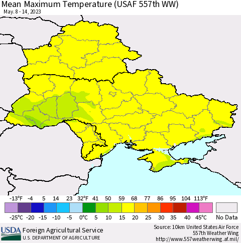 Ukraine, Moldova and Belarus Mean Maximum Temperature (USAF 557th WW) Thematic Map For 5/8/2023 - 5/14/2023