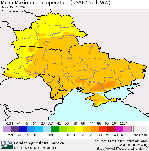 Ukraine, Moldova and Belarus Mean Maximum Temperature (USAF 557th WW) Thematic Map For 5/15/2023 - 5/21/2023