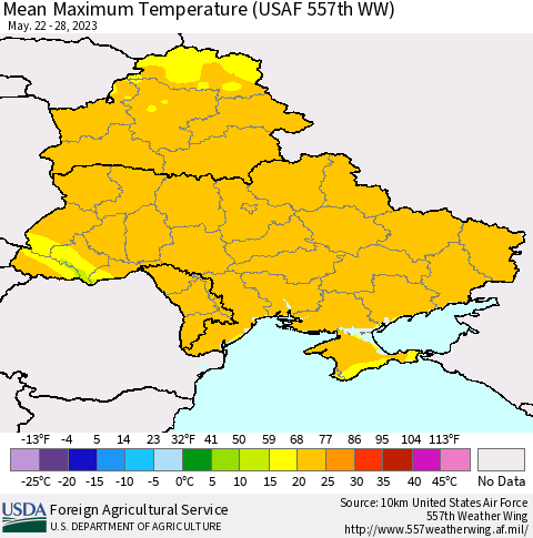 Ukraine, Moldova and Belarus Mean Maximum Temperature (USAF 557th WW) Thematic Map For 5/22/2023 - 5/28/2023