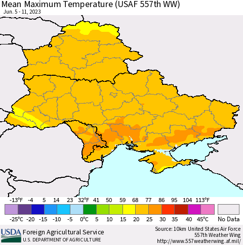 Ukraine, Moldova and Belarus Mean Maximum Temperature (USAF 557th WW) Thematic Map For 6/5/2023 - 6/11/2023